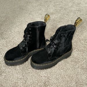 Black velvet platform Dr. Martens with ribbon laces.